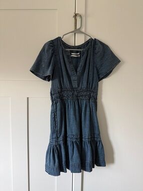 Anthropologie Denim Short Sleeve Smocked-Waist Dress - Blue